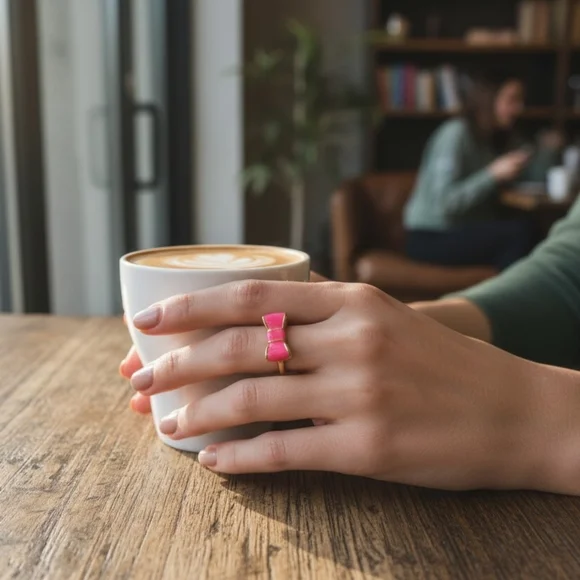 KATE SPADE "Take a Bow" Pink and Gold-Tone Enamel Bow Ring 8 - Picture 3 of 5